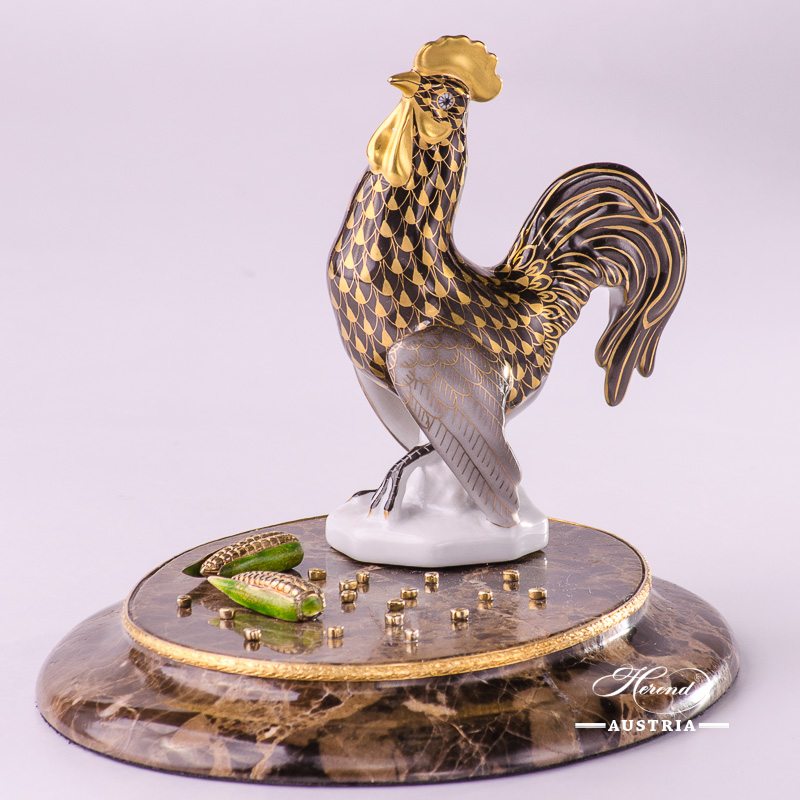 Jewelled Rooster 15014-0-00 VHN-OR Gold Fish scale pattern. Herend fine china. Hand painted ornaments. Jewelled Rooster standing on brown marble base with 2 pieces of Corn. Jewelled with: Gilded Sterling Silver Ag 925 - 20 grams