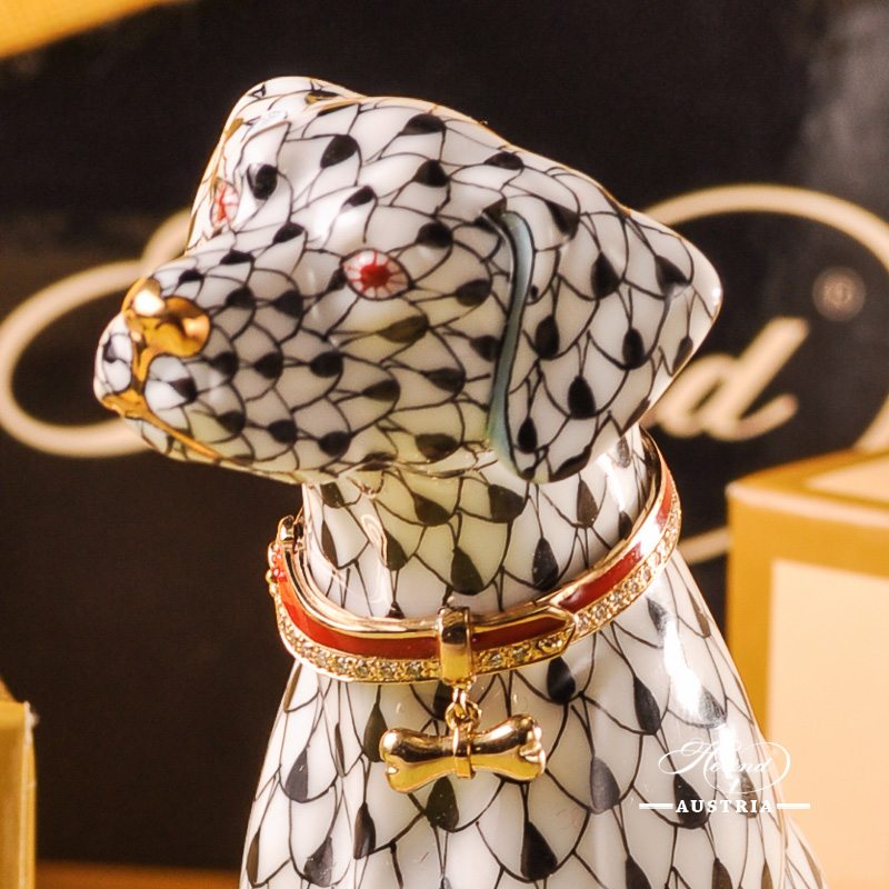 Jewelled Dog Animal Figurine - Herend Black Fish Scale VHN pattern. Herend 15566-0-00 VHN design. Herend fine china. Hand painted ornaments