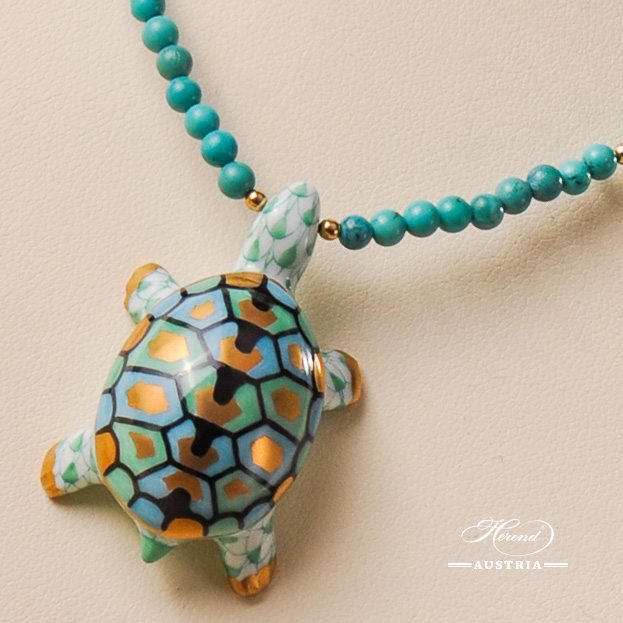 Turtle Necklace 15529-0-47 VHV Green Fish scale design. Herend fine china. Hand painted ornaments. Onyx, Turquoise and Mountain Crystal pearls