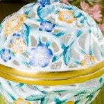Bonbonniere / Candy Jar w. Butterfly Knob 6214-0-17 Blue - Yellow - Turquoise C3 pattern. Herend fine china and hand painted. Openwork Ornaments