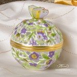 Bonbonniere / Candy Jar w. Butterfly Knob 6214-0-17 Lilac - Yellow - Green C4 pattern. Herend fine china and hand painted. Openwork Ornaments