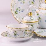 Special Tea Set for 2 Persons - Herend Nyon / Morning Glory design. Herend porcelain. Hand painted tableware. Unique porcelain shape (form)