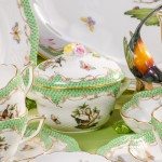 Tea Set for 6 Persons - Rothschild Bird Green Fish scale RO-ETV decor. Herend porcelain. Hand painted dinnerware