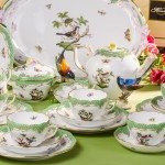 Tea Set for 6 Persons - Rothschild Bird Green Fish scale RO-ETV decor. Herend porcelain. Hand painted dinnerware