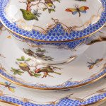 Dinner Set for 2 Persons - Herend Rothschild Bird Blue Fish scale RO-ETB decor. Herend porcelain. Hand painted dinnerware