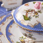 Dinner Set for 2 Persons - Herend Rothschild Bird Blue Fish scale RO-ETB decor. Herend porcelain. Hand painted dinnerware