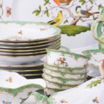 Dinner Set for 6 Persons - Herend Rothschild Bird Green Fish scale RO-ETV decor. Herend porcelain. Hand painted dinnerware