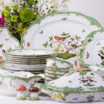 Dinner Set for 6 Persons - Herend Rothschild Bird Green Fish scale RO-ETV decor. Herend porcelain. Hand painted dinnerware