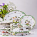 Dinner Set for 6 Persons - Herend Rothschild Bird Green Fish scale RO-ETV decor. Herend porcelain. Hand painted dinnerware