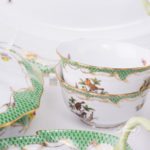 Dinner Set for 2 Persons - Herend Rothschild Bird Green Fish scale RO-ETV decor. Herend porcelain. Hand painted dinnerware