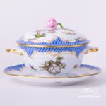 Soup Cup and Lid with Saucer 740-0-12 RO-ETB Rothschild Bird Blue Fish scale decor. Herend porcelain. Hand painted tableware