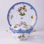 Soup Cup and Lid with Saucer 740-0-12 RO-ETB Rothschild Bird Blue Fish scale decor. Herend porcelain. Hand painted tableware