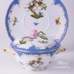Soup Cup and Lid with Saucer 740-0-12 RO-ETB Rothschild Bird Blue Fish scale decor. Herend porcelain. Hand painted tableware