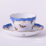 Tea / Coffee Cup with Saucer 730-0-00 RO-ETB Rothschild Bird Blue Fish Scale decor. Herend porcelain hand painted
