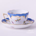 Tea / Coffee Cup with Saucer 730-0-00 RO-ETB Rothschild Bird Blue Fish Scale decor. Herend porcelain hand painted