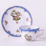 Tea / Coffee Cup with Saucer 730-0-00 RO-ETB Rothschild Bird Blue Fish Scale decor. Herend porcelain hand painted