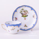 Tea / Coffee Cup with Saucer 730-0-00 RO-ETB Rothschild Bird Blue Fish Scale decor. Herend porcelain hand painted