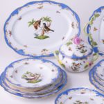 Dinner Set for 2 Persons - Herend Rothschild Bird Blue Fish scale RO-ETB decor. Herend porcelain. Hand painted dinnerware