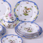 Dinner Set for 2 Persons - Herend Rothschild Bird Blue Fish scale RO-ETB decor. Herend porcelain. Hand painted dinnerware