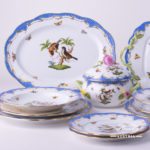 Dinner Set for 2 Persons - Herend Rothschild Bird Blue Fish scale RO-ETB decor. Herend porcelain. Hand painted dinnerware