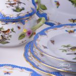 Dinner Set for 2 Persons - Herend Rothschild Bird Blue Fish scale RO-ETB decor. Herend porcelain. Hand painted dinnerware