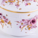 Fancy Biscuit Box w. Flower Applications 6299-0-66 CD1 Special Natural Colour pattern. Herend fine china. Hand painted ornaments