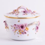 Fancy Biscuit Box w. Flower Applications 6299-0-66 CD1 Special Natural Colour pattern. Herend fine china. Hand painted ornaments