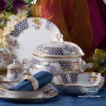 Dinner Set for 4 Persons - Herend Mosaic and Flowers MTFC pattern. Herend fine china hand painted. Tableware and Dinnerware