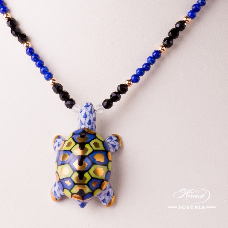 Turtle Necklace 15529-0-47 VHFB Navy Blue Fish scale design. Herend fine china. Hand painted ornaments. Onyx, Lapis Lazuli pearls