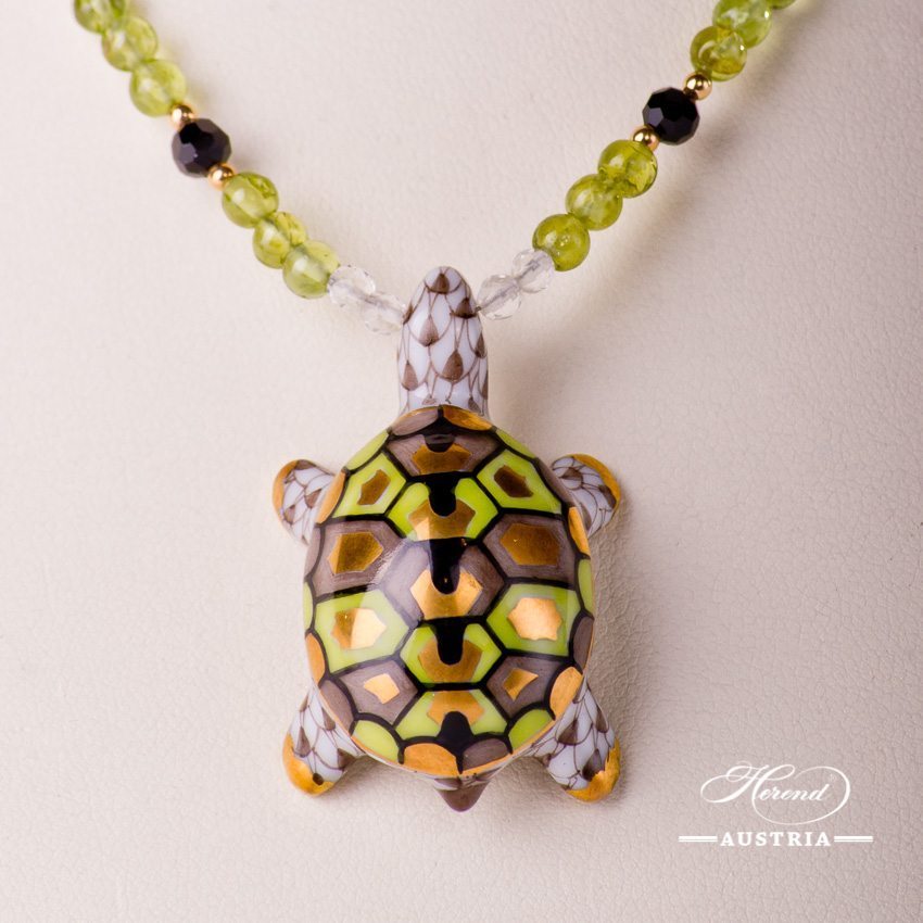 Turtle Necklace 15529-0-47 VHBR1 Light Brown Fish scale design. Herend fine china. Hand painted ornaments. Onyx, Olivine and Mountain Crystal pearls