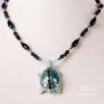 Turtle Necklace 15529-0-47 VHV Green Fish scale design. Herend fine china. Hand painted ornaments. Onyx, Turquoise and Mountain Crystal pearls