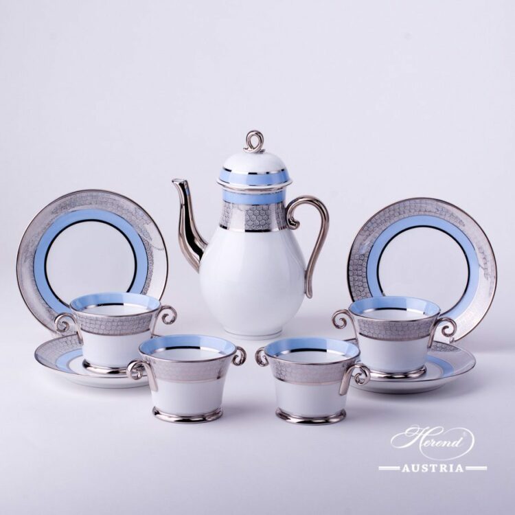 Coffee Set for 4 Persons - Herend Orient Blue with Platinum ORIENTB-PT pattern. Herend fine china hand painted. Tableware