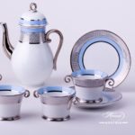 Coffee Set for 4 Persons - Herend Orient Blue with Platinum ORIENTB-PT pattern. Herend fine china hand painted. Tableware