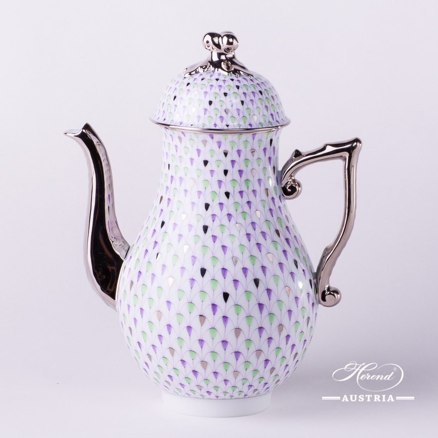 Coffee Pot w. Twisted Knob 20613-0-06 VH3COL4-PT Special Fish Scale w. Platinum pattern. Herend fine china. Hand painted tableware