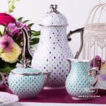 Sugar Basin w. Twisted Knob 20472-0-06 VHV-PT Green Fish Scale w. Platinum design. Herend fine china. Hand painted tableware