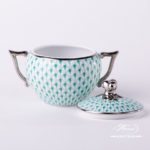 Sugar Basin w. Twisted Knob 20472-0-06 VHV-PT Green Fish Scale w. Platinum design. Herend fine china. Hand painted tableware