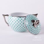 Sugar Basin w. Twisted Knob 20472-0-06 VHV-PT Green Fish Scale w. Platinum design. Herend fine china. Hand painted tableware