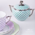 Sugar Basin w. Twisted Knob 20472-0-06 VHV-PT Green Fish Scale w. Platinum design. Herend fine china. Hand painted tableware