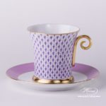 Tea Cup and Saucer 4917-0-00 VHL Lilac Fish scale design. Tea Cup with Spiral Handle. Herend fine china. Hand painted tableware. Modern pattern