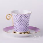 Tea Cup and Saucer 4917-0-00 VHL Lilac Fish scale design. Tea Cup with Spiral Handle. Herend fine china. Hand painted tableware. Modern pattern