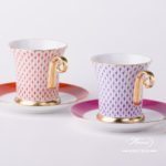 Tea Cup and Saucer 4917-0-00 VHL Lilac Fish scale design. Tea Cup with Spiral Handle. Herend fine china. Hand painted tableware. Modern pattern