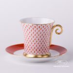 Tea Cup and Saucer 4917-0-00 VH Red Fish scale design. Tea Cup with Spiral Handle. Herend fine china. Hand painted tableware. Modern pattern