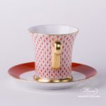 Tea Cup and Saucer 4917-0-00 VH Red Fish scale design. Tea Cup with Spiral Handle. Herend fine china. Hand painted tableware. Modern pattern