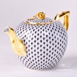 Tea Pot w. Rose Knob 20607-0-09 VHN Black Fish Scale design. Herend fine china. Hand painted tableware