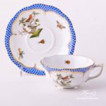 Tea Cup with Saucer 734-0-00 RO-EB Rothschild Bird Blue Fish scale decor. Herend porcelain. Hand painted tableware