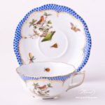 Tea Cup with Saucer 734-0-00 RO-EB Rothschild Bird Blue Fish scale decor. Herend porcelain. Hand painted tableware