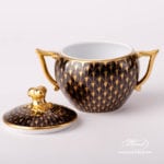 Sugar Basin with Twisted Knob 20472-0-06 VHN-OR Gold Fish Scale on Black Background pattern. Herend fine china. Hand painted tableware