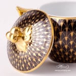 Sugar Basin with Twisted Knob 20472-0-06 VHN-OR Gold Fish Scale on Black Background pattern. Herend fine china. Hand painted tableware