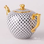 Tea Pot w. Twisted Knob 20606-0-06 VHN Black Fish Scale design. Herend porcelain. Hand painted tableware