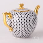 Tea Pot w. Twisted Knob 20606-0-06 VHN Black Fish Scale design. Herend porcelain. Hand painted tableware